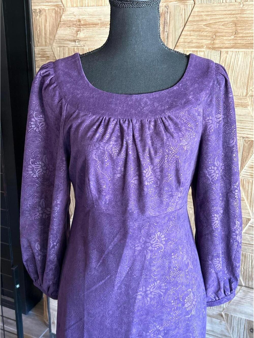 Vintage 90s Purple Floral Midi Dress Medium Cottagecore Whimsigoth Puff Sleeve